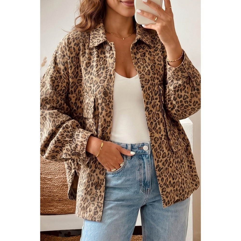 SYnZ Leopard Print Denim Jacket Women XL Brown Animal Print Button Up Pocketed